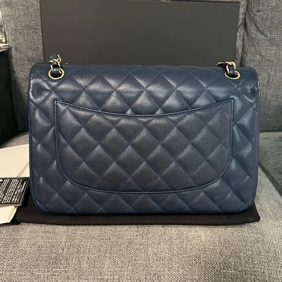 CHANEL classic double flap JUMBO caviar NAVY leather bag - Picture 5 of 16